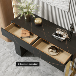 1200mm Black Console Table Modern Accent Table For Entryway with 2 Drawers & Stainless Steeel Base in Gold - thumbnail 9