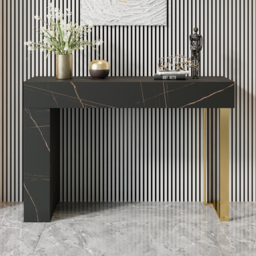 1200mm Black Console Table Modern Accent Table For Entryway with 2 Drawers & Stainless Steeel Base in Gold - thumbnail 2