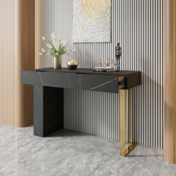 1200mm Black Console Table Modern Accent Table For Entryway with 2 Drawers & Stainless Steeel Base in Gold - thumbnail 4