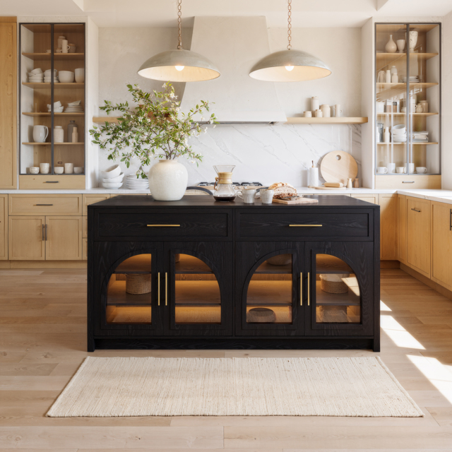 Arune 180 cm Modern Black Kitchen Island with Glass Doors, LED Light Strip, Ample Storage - image 1