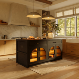 Arune 180 cm Modern Black Kitchen Island with Glass Doors, LED Light Strip， Ample Storage - thumbnail 3