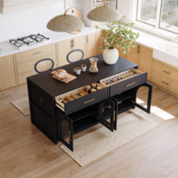 Arune 180 cm Modern Black Kitchen Island with Glass Doors, LED Light Strip， Ample Storage - thumbnail 5