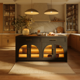 Arune 180 cm Modern Black Kitchen Island with Glass Doors, LED Light Strip， Ample Storage - thumbnail 4