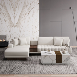 Modern Living Room Couch Set Leather L-Shaped White Modular Sectional Sofa & Wood Block Coffee Table - thumbnail 2