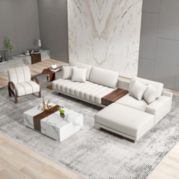 Modern Living Room Couch Set Leather L-Shaped White Modular Sectional Sofa & Wood Block Coffee Table - thumbnail 4