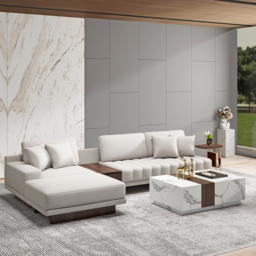 Modern Living Room Couch Set Leather L-Shaped White Modular Sectional Sofa & Wood Block Coffee Table - thumbnail 3