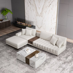 Modern Living Room Couch Set Leather L-Shaped White Modular Sectional Sofa & Wood Block Coffee Table - thumbnail 1
