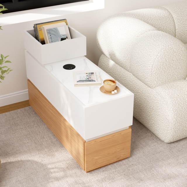Sintered Stone Top Narrow Smart Side Table with Storage Modern White & Natural End Table with USB Charging - image 1