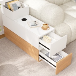Sintered Stone Top Narrow Smart Side Table with Storage Modern White & Natural End Table with USB Charging - thumbnail 3
