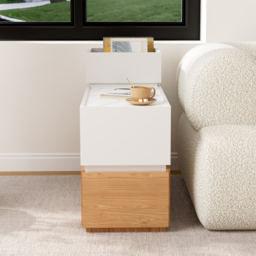 Sintered Stone Top Narrow Smart Side Table with Storage Modern White & Natural End Table with USB Charging - thumbnail 2