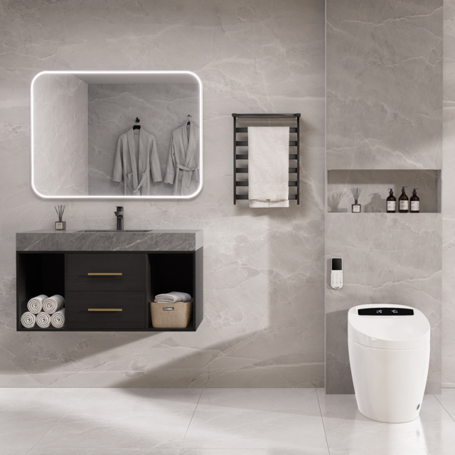 Modern Standard Toilet One-Piece Elongated Smart Toilet & Bidet with Seat Floor Outlet 900mm Floating Bathroom Vanity Set - image 1