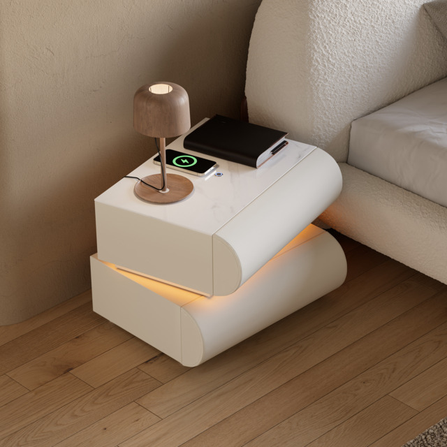 Modern White Leather Smart LED Bedside Table with Wireless Charger 2 Drawers Bedside Table with USB & Type-C Ports - image 1