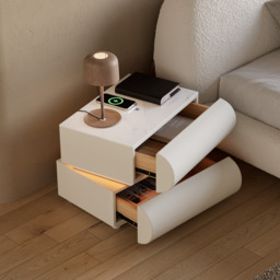 Modern White Leather Smart LED Bedside Table with Wireless Charger 2 Drawers Bedside Table with USB & Type-C Ports - thumbnail 2