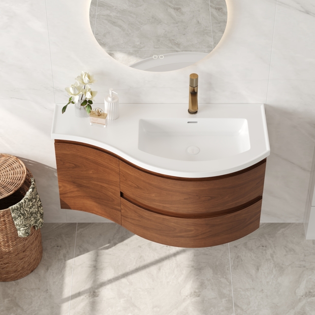 90 cm Floating Curved Bathroom Vanity Half-Circle Bathroom Cabinet Walnut - image 1