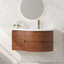 90 cm Floating Curved Bathroom Vanity Half-Circle Bathroom Cabinet Walnut - thumbnail 9