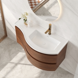 90 cm Floating Curved Bathroom Vanity Half-Circle Bathroom Cabinet Walnut - thumbnail 6