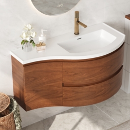 90 cm Floating Curved Bathroom Vanity Half-Circle Bathroom Cabinet Walnut - thumbnail 2