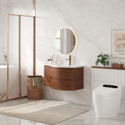 90 cm Floating Curved Bathroom Vanity Half-Circle Bathroom Cabinet Walnut - thumbnail 7