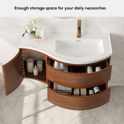 90 cm Floating Curved Bathroom Vanity Half-Circle Bathroom Cabinet Walnut - thumbnail 4