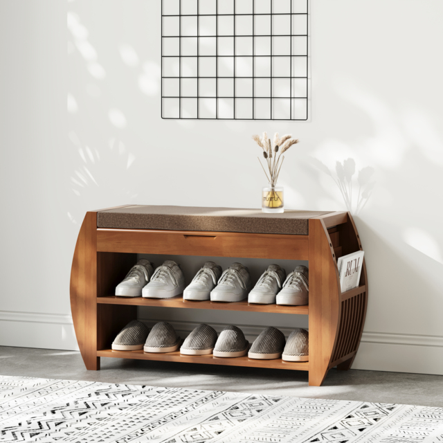 Shoe Storage Entryway Bench Wooden Shoe Rack in Brown - image 1