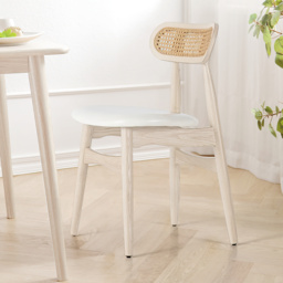 Japandi Bleached Wood Rattan Upholstered Dining Chair Ash Wood Side Chair Faux Leather - thumbnail 2
