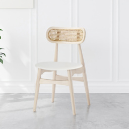 Japandi Bleached Wood Rattan Upholstered Dining Chair Ash Wood Side Chair Faux Leather - thumbnail 1
