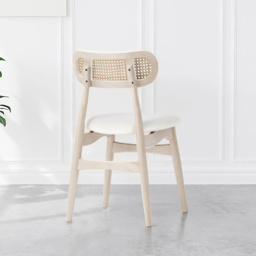 Japandi Bleached Wood Rattan Upholstered Dining Chair Ash Wood Side Chair Faux Leather - thumbnail 8