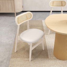 Japandi Bleached Wood Rattan Upholstered Dining Chair Ash Wood Side Chair Faux Leather - thumbnail 3