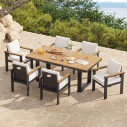 Tevara 7-Piece Rectangular Wood & Aluminium Outdoor Patio Dining Set for 6 People - thumbnail 2