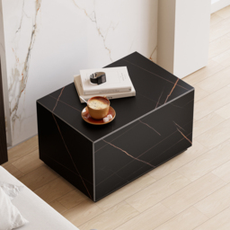 Modern 600mmW Faux Travertine Nightstand 1 Drawer Bedside Table Set of 2 - thumbnail 2