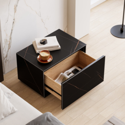 Modern 600mmW Faux Travertine Nightstand 1 Drawer Bedside Table Set of 2 - thumbnail 3