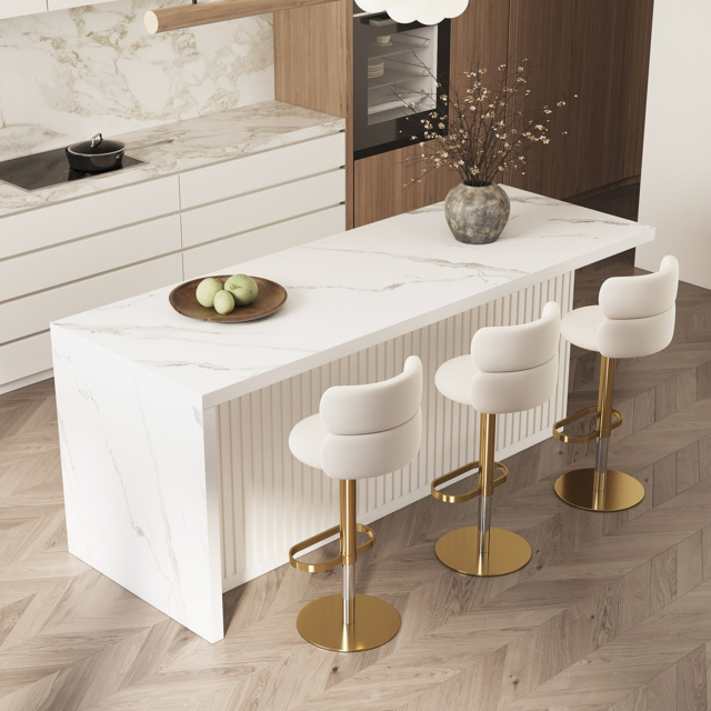 Bar Stool Velvet Upholstery Swivel Beige with Backrest Adjustable Height in Gold Finish Counter Stool - image 1