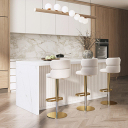 Bar Stool Velvet Upholstery Swivel Beige with Backrest Adjustable Height in Gold Finish Counter Stool - thumbnail 2