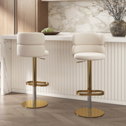 Bar Stool Velvet Upholstery Swivel Beige with Backrest Adjustable Height in Gold Finish Counter Stool - thumbnail 7