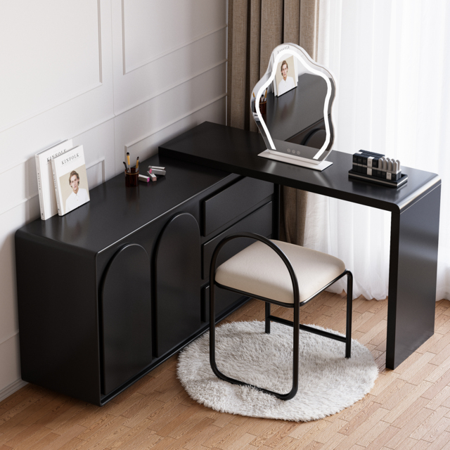 black dressing table with drawers Oak Solid Wood Black rattan Makeup Vanity Table main image 1