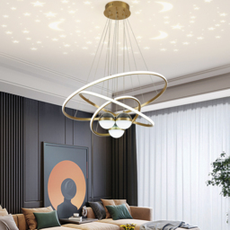 Modern Gold 3-Light LED Chandelier 3 Color Modes Remote Control Starry Reflection Light - thumbnail 2
