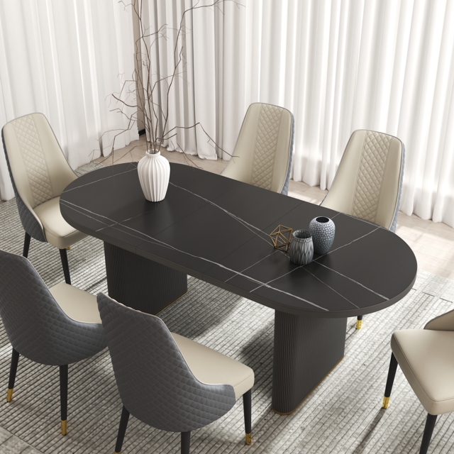 2007 mm - 2413 mm Oval Dining Table Extendable Butterfly Leaf Sintered Stone Top 8-10 Seater Black - image 1