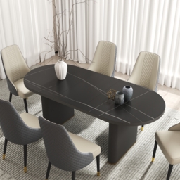 2007 mm - 2413 mm Oval Dining Table Extendable Butterfly Leaf Sintered Stone Top 8-10 Seater Black - thumbnail 1