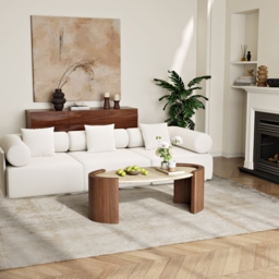 110 cm Japandi Oval Travertine Stone Top Coffee Table - thumbnail 1