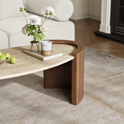 110 cm Japandi Oval Travertine Stone Top Coffee Table - thumbnail 8
