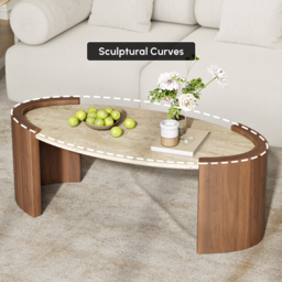 110 cm Japandi Oval Travertine Stone Top Coffee Table - thumbnail 7