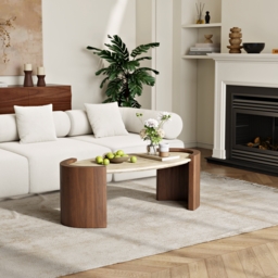 110 cm Japandi Oval Travertine Stone Top Coffee Table - thumbnail 4