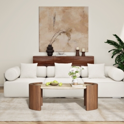 110 cm Japandi Oval Travertine Stone Top Coffee Table - thumbnail 3