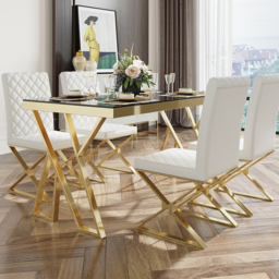 Set of 2 Modern Dining Chairs PU Leather Upholstered White Dining Room Chair with Gold Legs - thumbnail 2