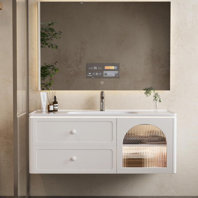1200mm Modern Floating LED Bathroom Vanity with Ribbed Glass Door & Drawers