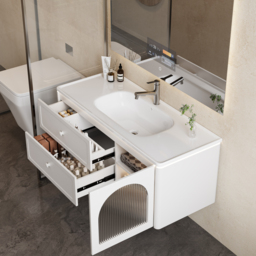 1200mm Modern Floating LED Bathroom Vanity with Ribbed Glass Door & Drawers - thumbnail 7