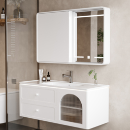 1200mm Modern Floating LED Bathroom Vanity with Ribbed Glass Door & Drawers - thumbnail 4