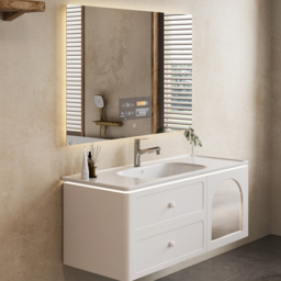 1200mm Modern Floating LED Bathroom Vanity with Ribbed Glass Door & Drawers - thumbnail 6