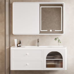 1200mm Modern Floating LED Bathroom Vanity with Ribbed Glass Door & Drawers - thumbnail 3