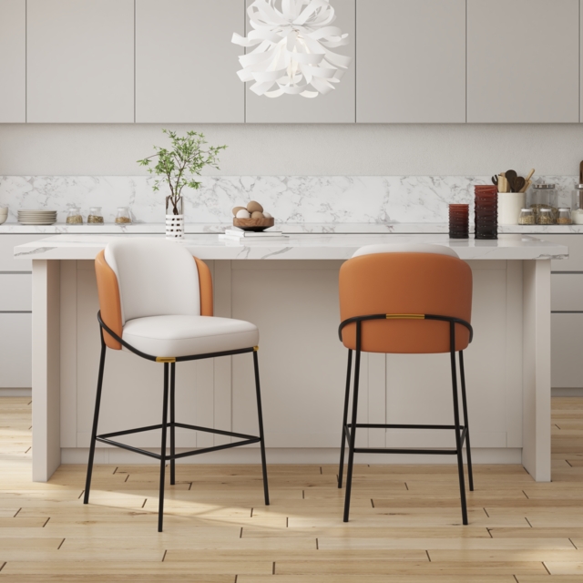 Modern PU Leather Breakfast Bar Stool Orange with Back & Footrest - image 1